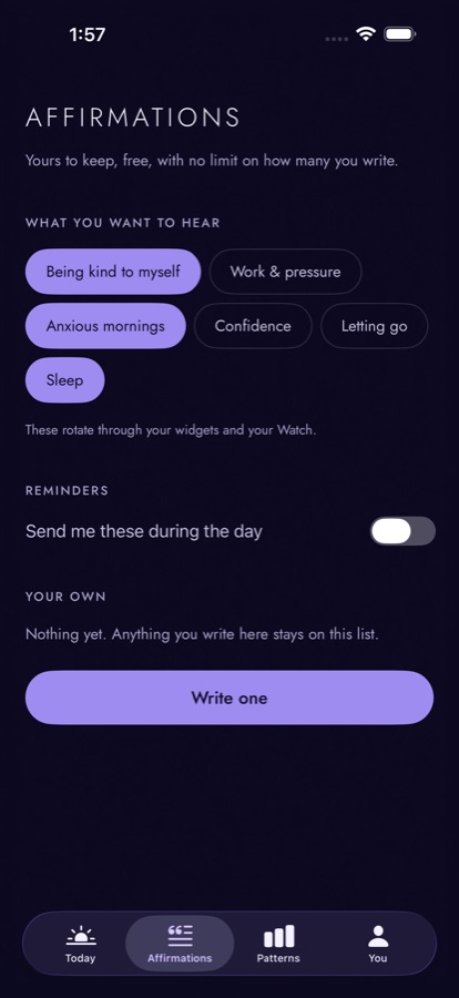 The affirmations screen with topics selected and a button to write your own.