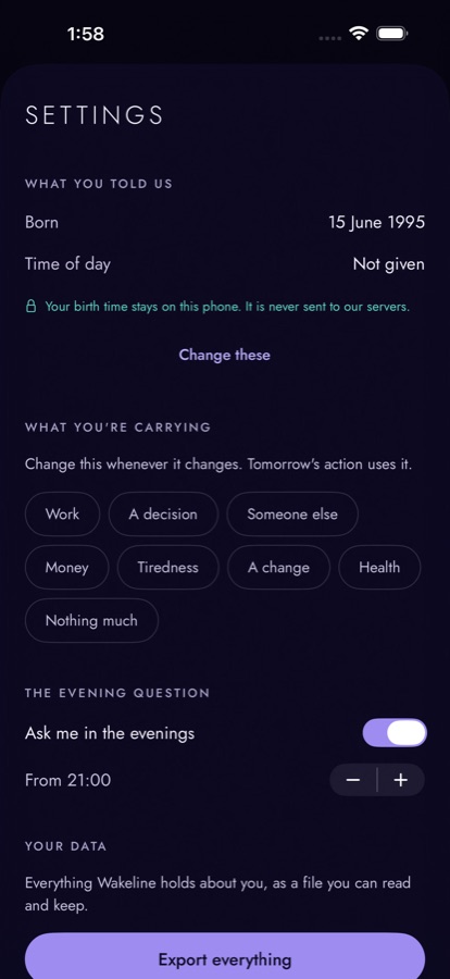 Settings, showing birth details, what you are carrying and the evening time.
