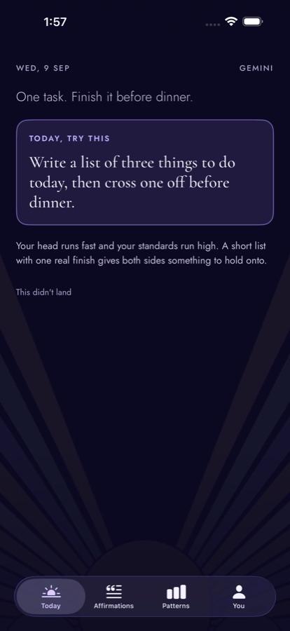 The Today screen: a date, one line, and one action in a bordered panel.